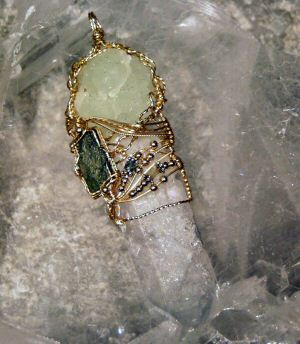 Prehnite, Moldavite on Selenite