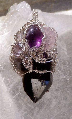 Smokey Quartz, Amethyst, Rose Quartz Cluster, Silver